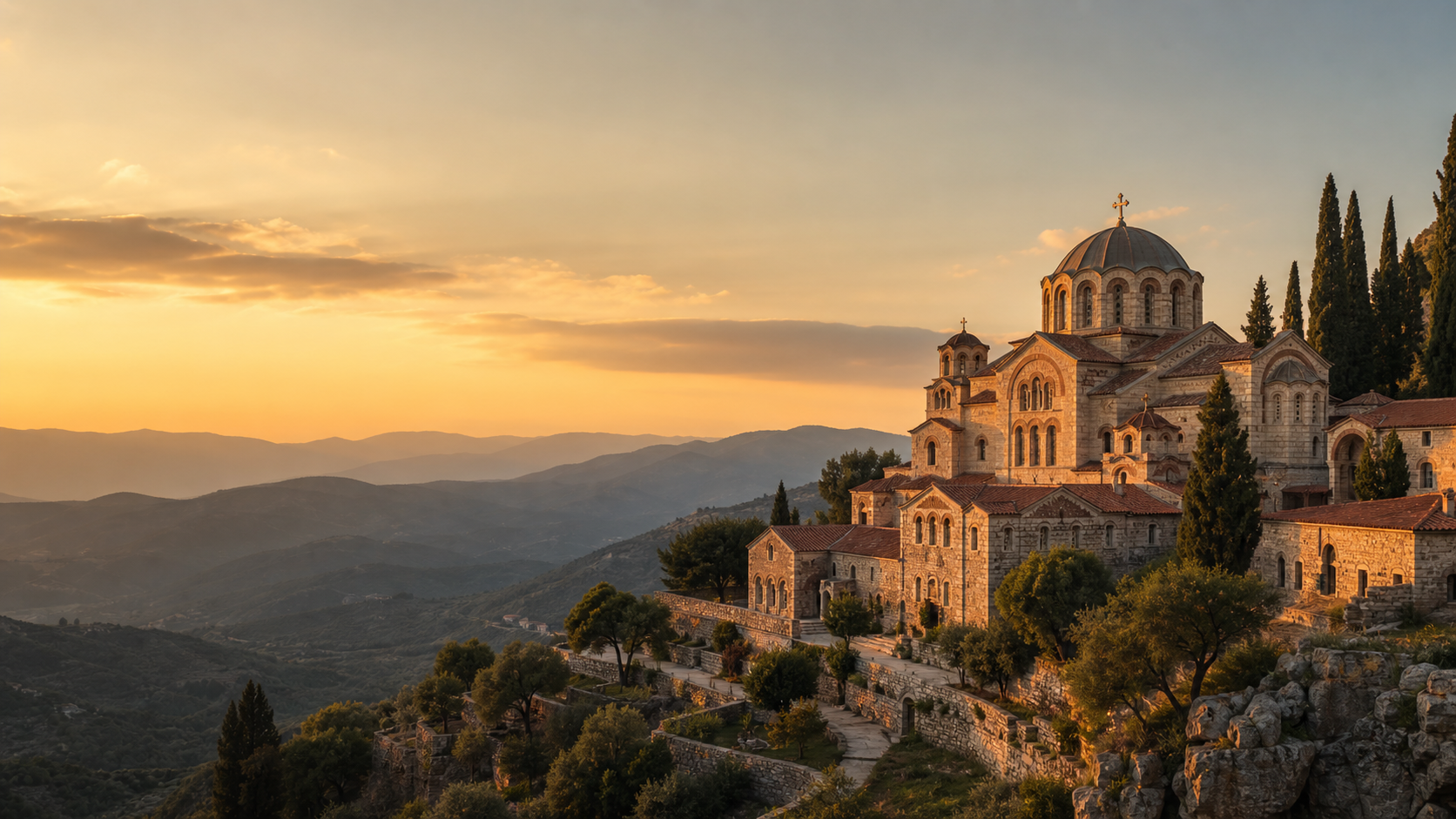 Mănăstire ortodoxă într-un peisaj din Grecia